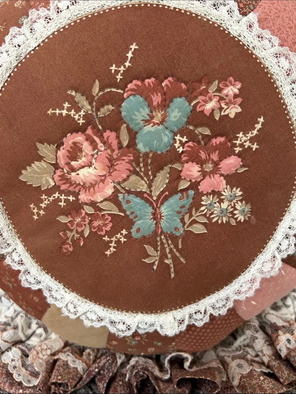 Decor Round Floral Quilted/lace Pillow - Rust/Pink/Cream - Butterfly/flowers